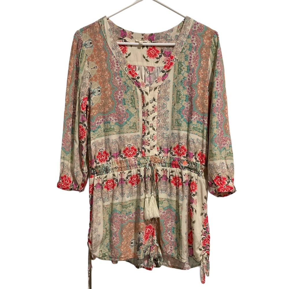 En Creme Floral Romper Front Buttons 3/4 Sleeves